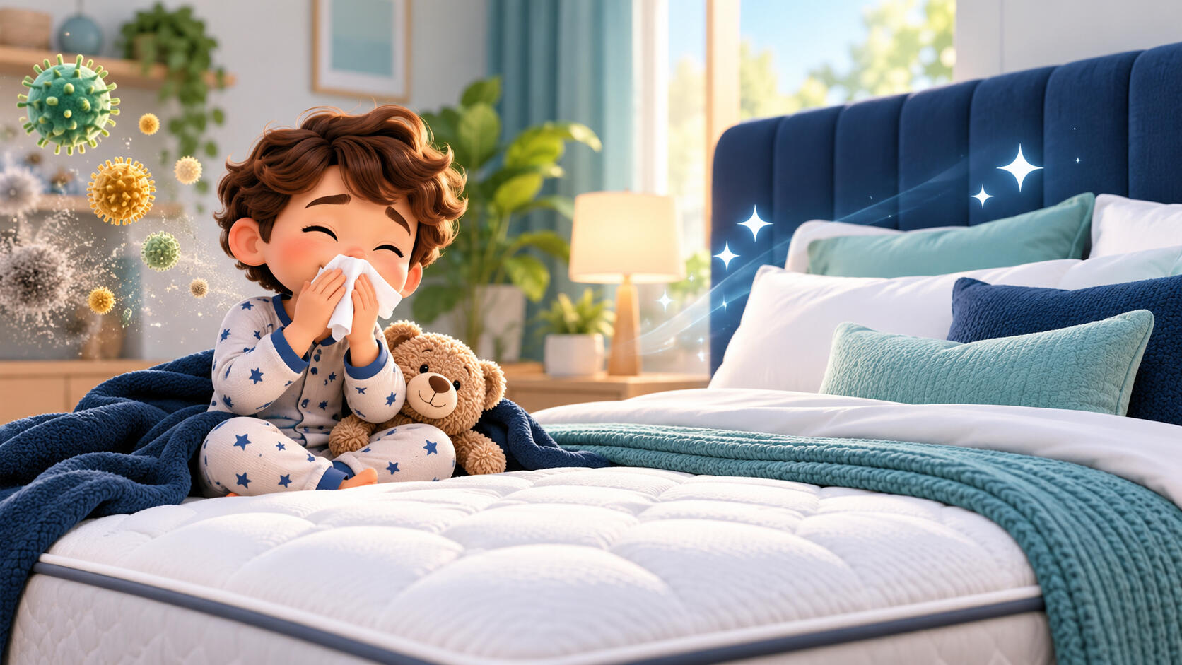 Illustration of a child with a tissue beside a mattress, with floating allergen particles and fresh bedding.
